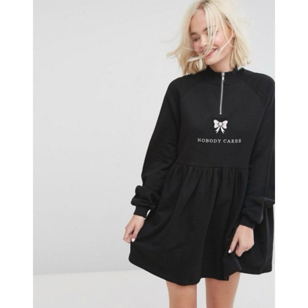 Lazy oaf “nobody cares” Black Long Sleeve Dress with Zipper